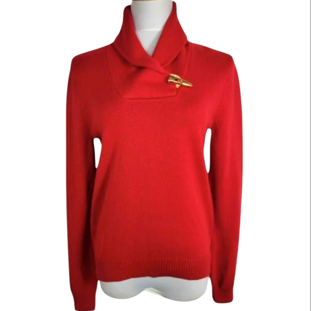 Ralph Lauren Womens Medium Red Shawl Collar Cotton Knit Sweater Gold Toggle Neck